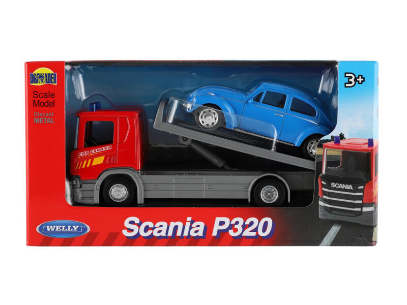 Welly odtahovka Scania P320 + Volkswagen Beetle 1:43